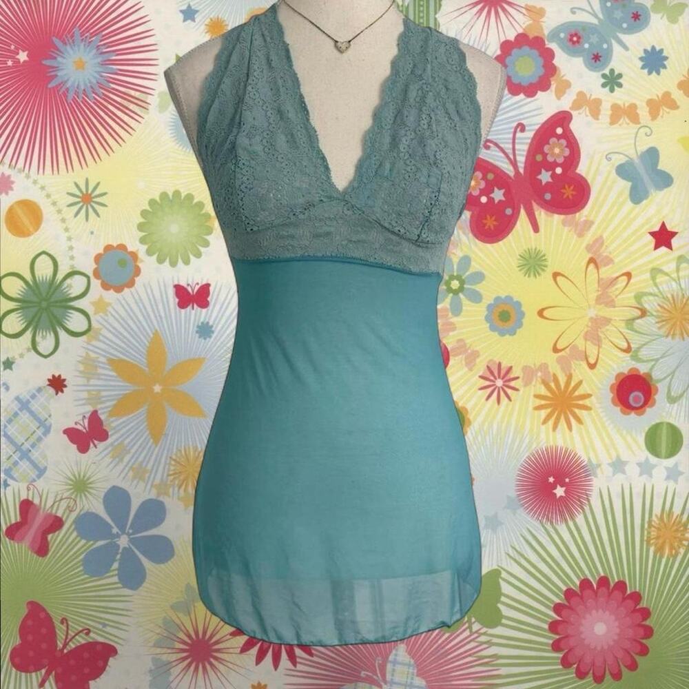 ✅blue lace halter top with sheer bottom size small